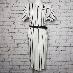 VTG 80s Navy Blue & White Stripe Dawn Joy Fashions Dress, sz 7/8
